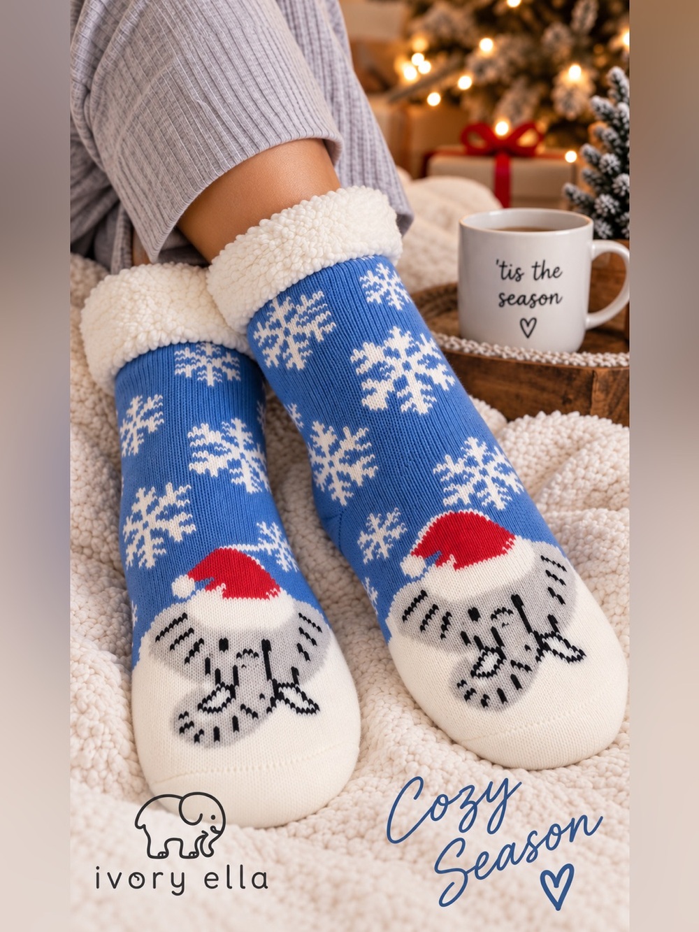 Ivory Ella Santa’s Helper Sherpa Socks Blue Christmas Elephant NWT
